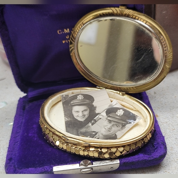 RARE - ELGIN AMERICAN || Rex Mesh Guilloche Enamel Compact Mirror - VINTAGE - Picture 3 of 7